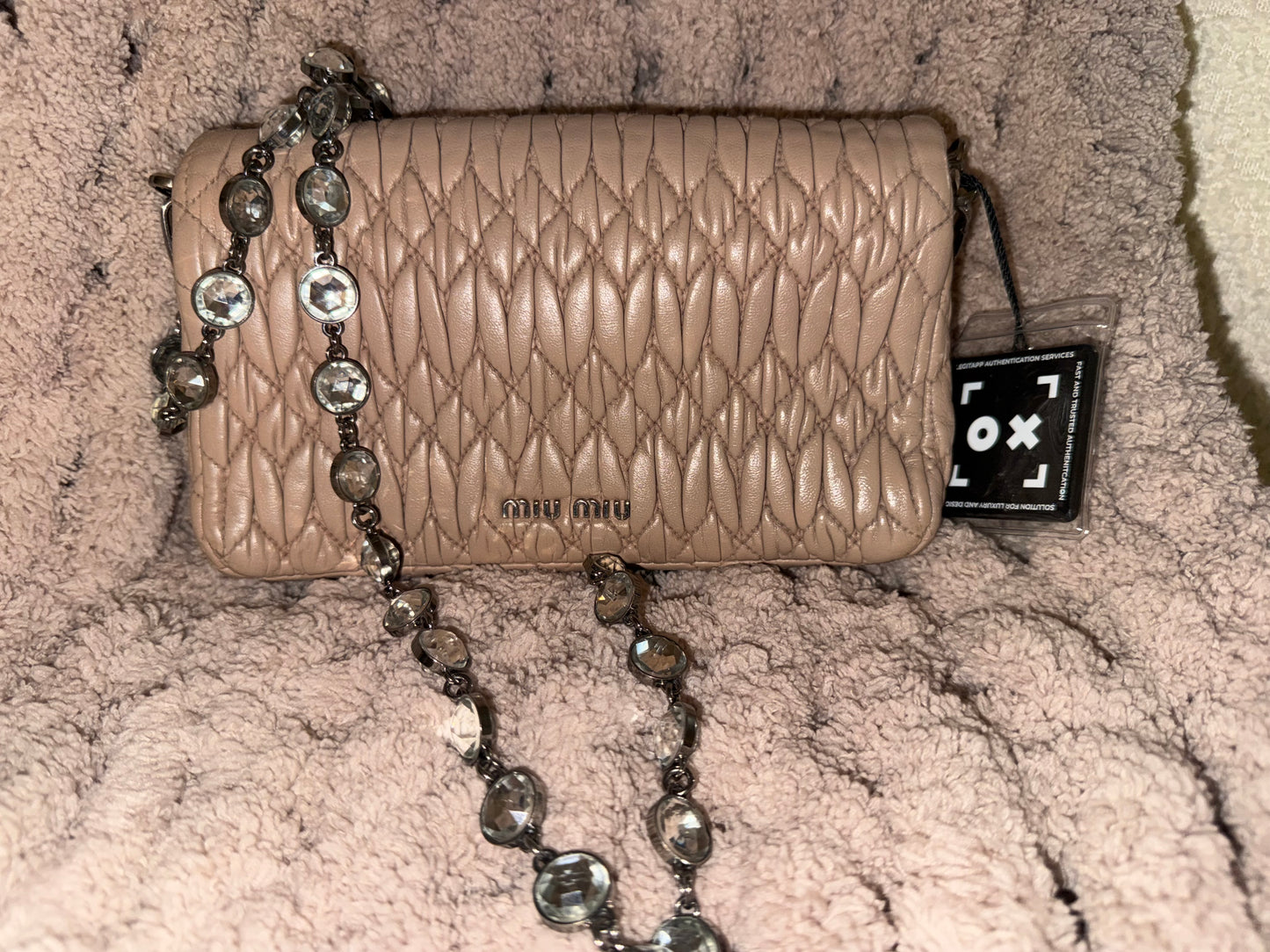 Miu Miu Quilted Beige Crossbody Bag with Crystal Chain