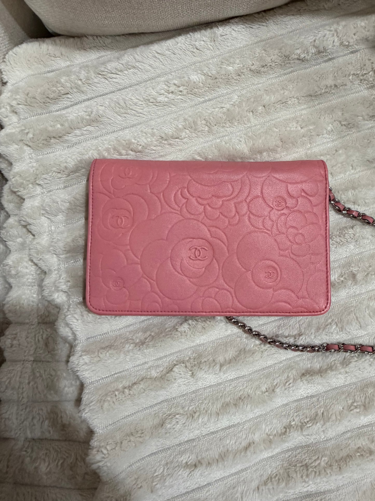 Chanel Pink Camellia-Embossed Quilted Leather Crossbody with Silver Chain