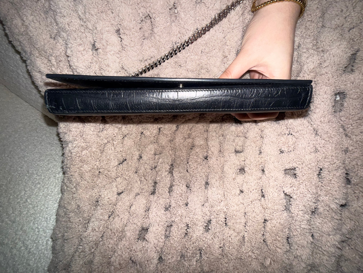 Saint Laurent Black Croc-Embossed Leather Crossbody Bag with Silver Chain