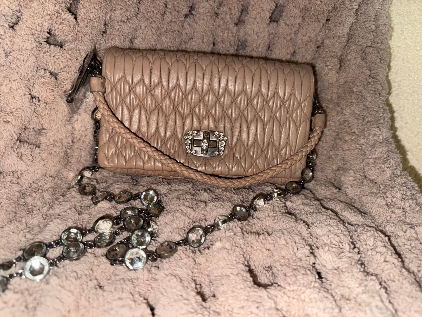 Miu Miu Quilted Beige Crossbody Bag with Crystal Chain
