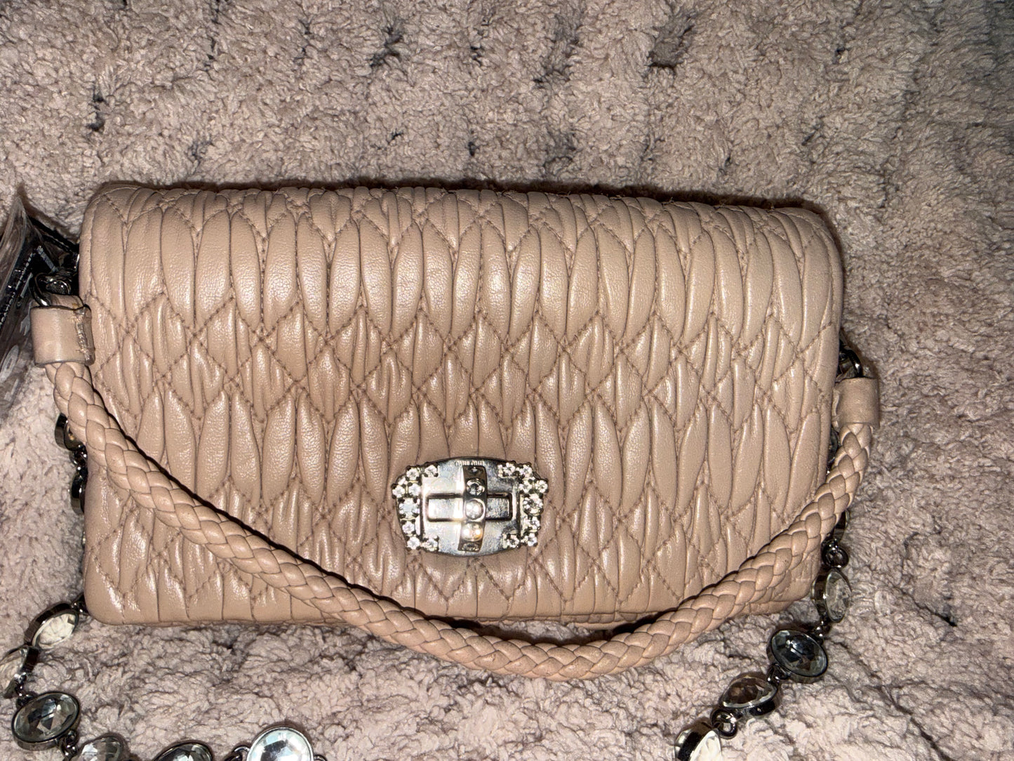 Miu Miu Quilted Beige Crossbody Bag with Crystal Chain
