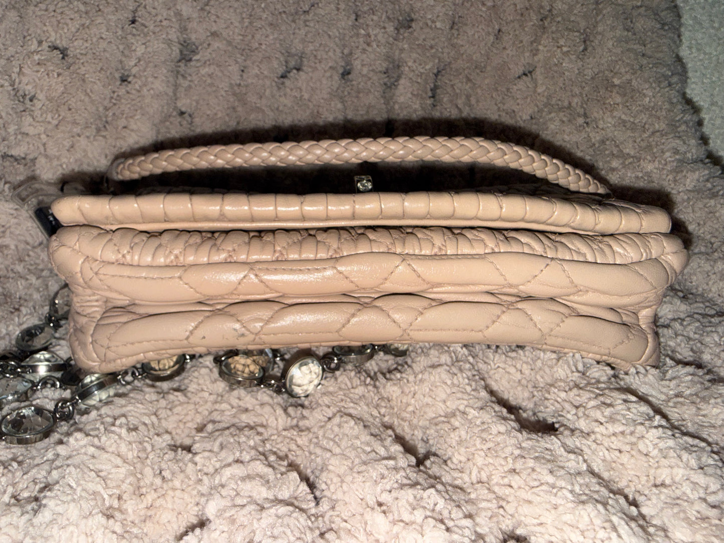 Miu Miu Quilted Beige Crossbody Bag with Crystal Chain