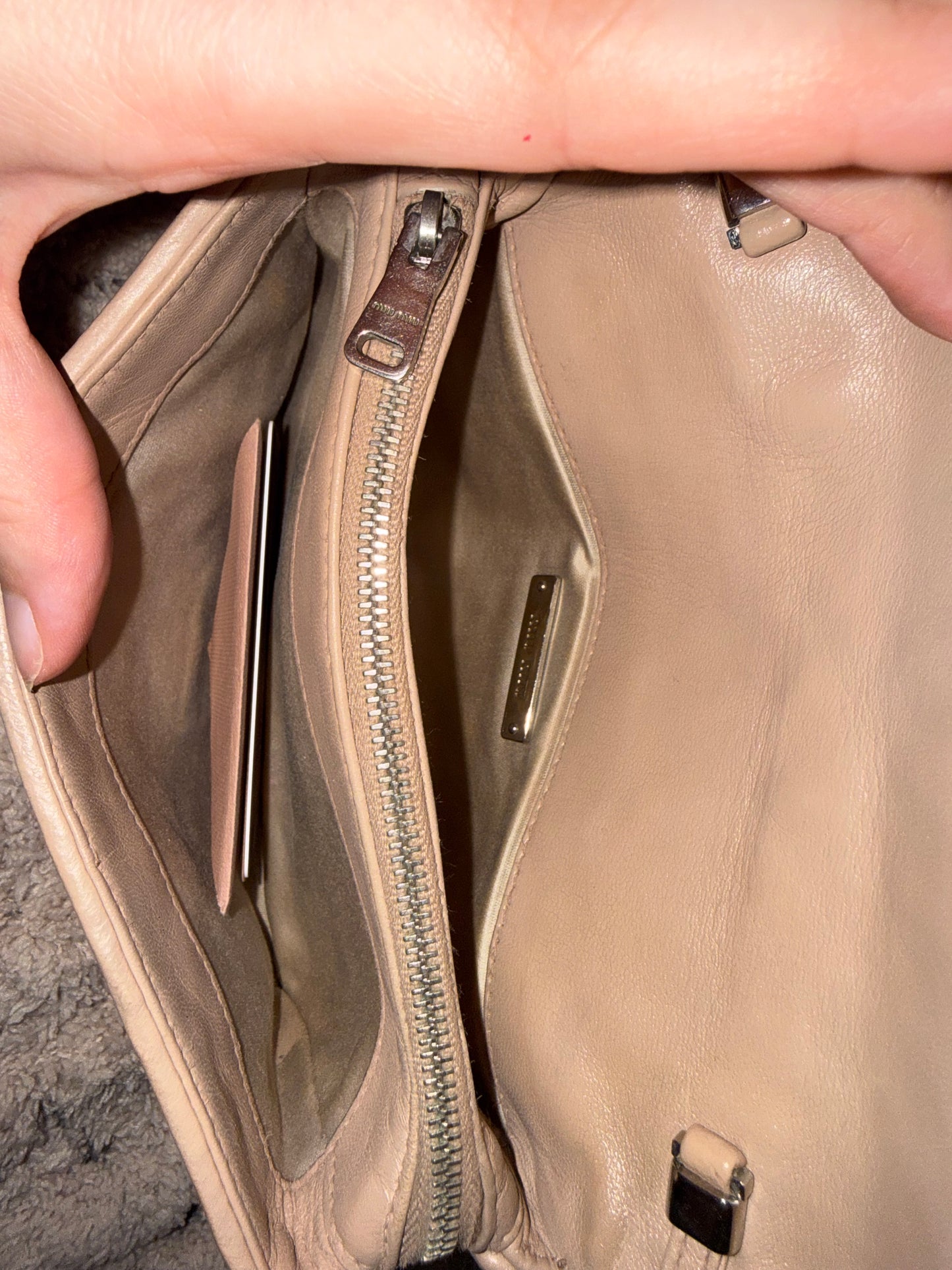 Miu Miu Quilted Beige Crossbody Bag with Crystal Chain