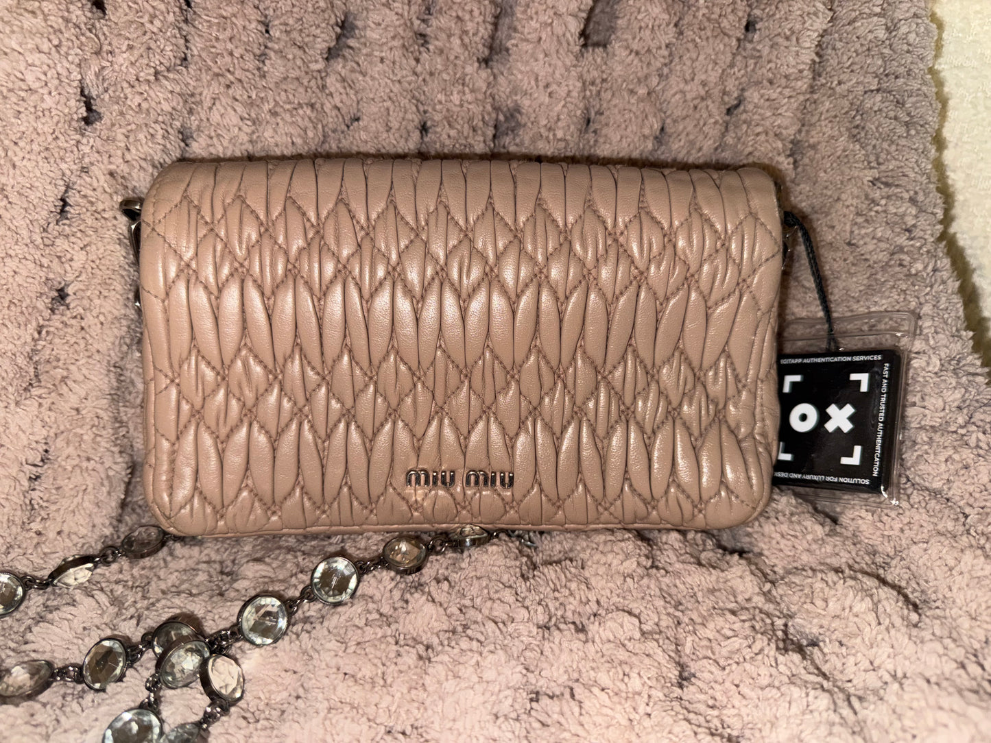 Miu Miu Quilted Beige Crossbody Bag with Crystal Chain