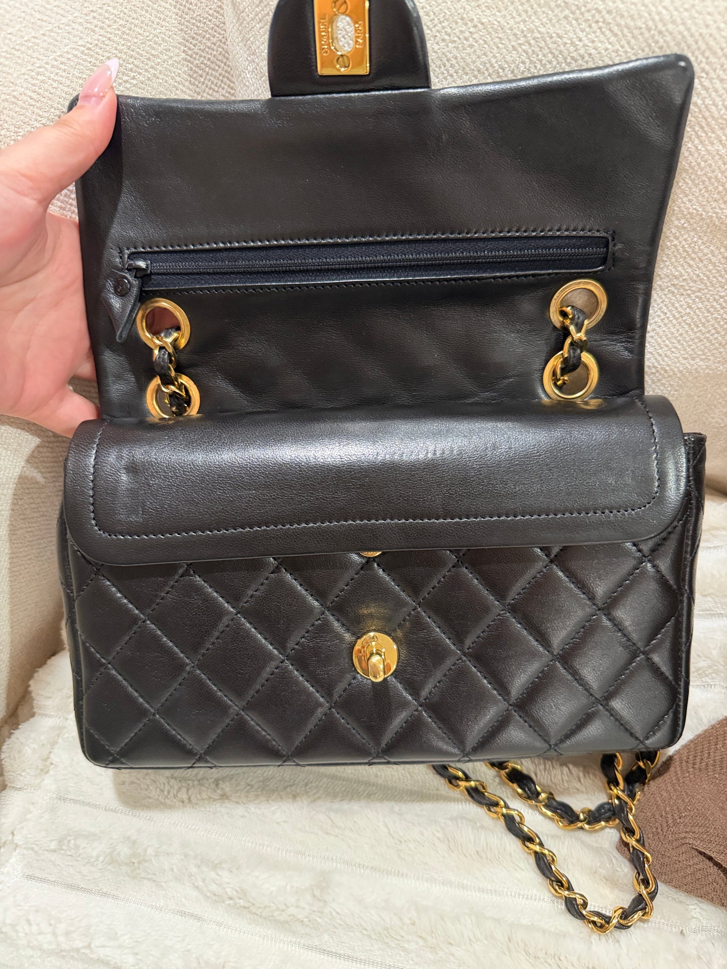 1991 Chanel Small Classic Flap Bag Black Lambskin 24K Gold Hardware Vintage Authentic