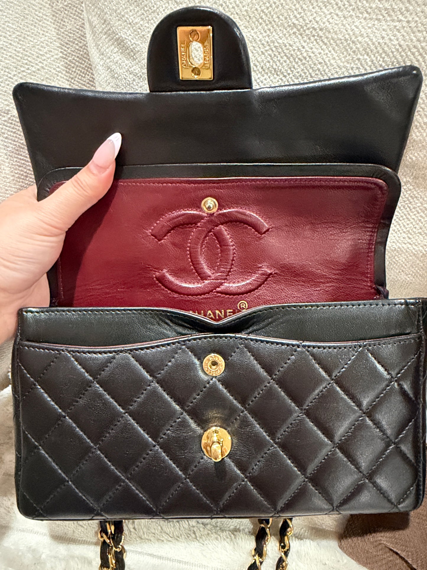1991 Chanel Small Classic Flap Bag Black Lambskin 24K Gold Hardware Vintage Authentic