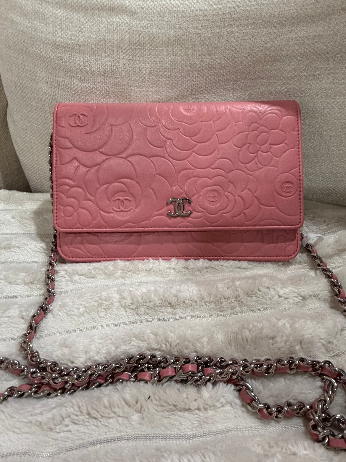 Chanel Pink Camellia-Embossed Quilted Leather Crossbody with Silver Chain