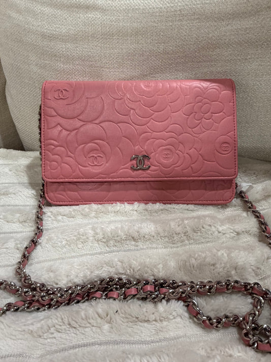 Chanel Pink Camellia-Embossed Quilted Leather Crossbody with Silver Chain