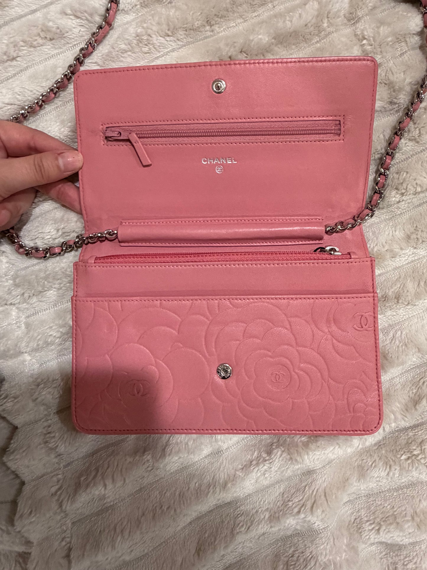 Chanel Pink Camellia-Embossed Quilted Leather Crossbody with Silver Chain