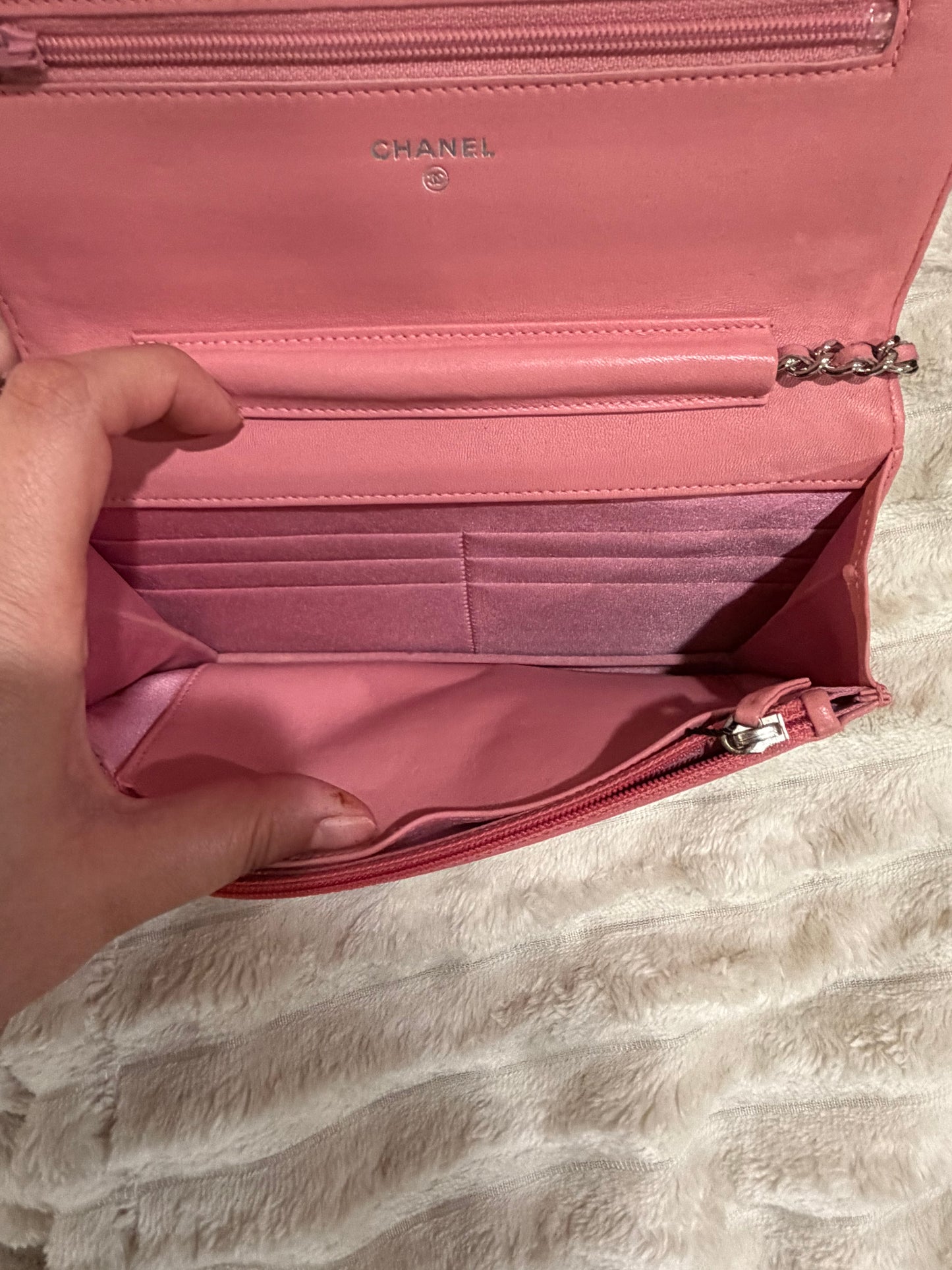 Chanel Pink Camellia-Embossed Quilted Leather Crossbody with Silver Chain